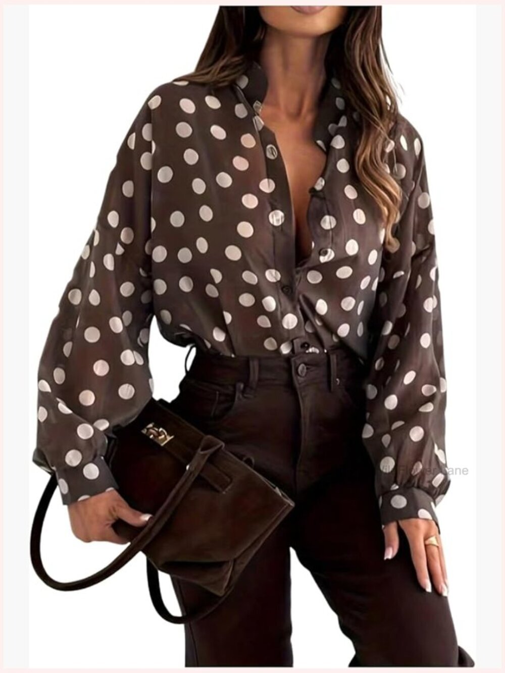 Polka Dots Button Down Long Sleeve Blouse Work Office Business Dressy Shirt Top